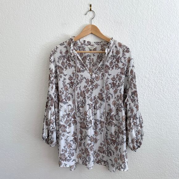 Max Studio Floral Pleated Peasant Blouse Boho Chic Balloon Sleeve Brown White 3X - Picture 1 of 10